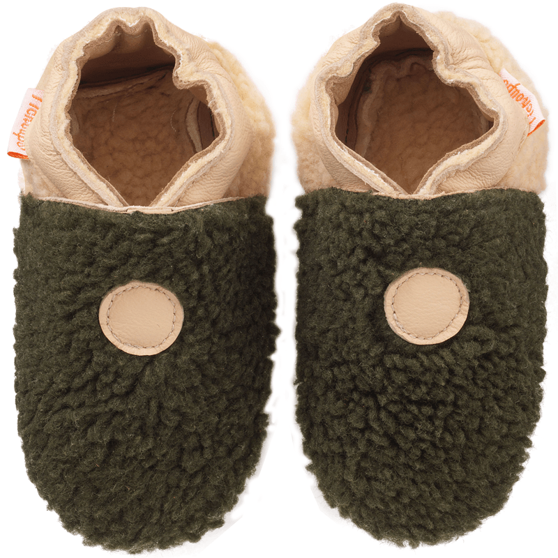 Chaussons bébé cuir souple Bouclettes kaki-beige - Vert - Taille 18-19 - Tichoups TICHOUPS.FR