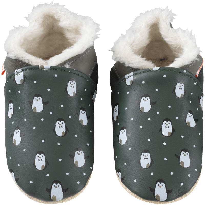 Chaussons bébé cuir souple fourrés Célestin les pingouins - Vert - Taille 16-17 - Tichoups TICHOUPS.FR