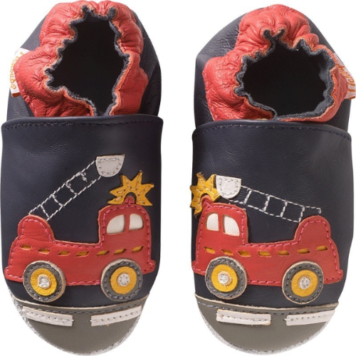 Chaussons bébé cuir souple Xavier le camion de pompier - Bleu - Taille 16-17 - Tichoups TICHOUPS.FR
