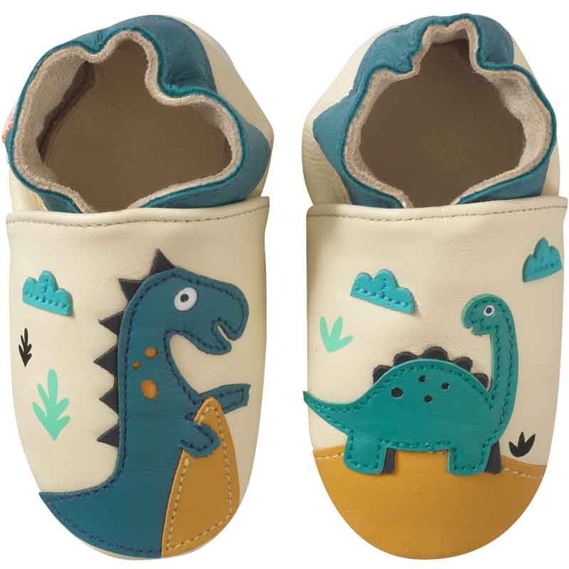 Chaussons bébé cuir souple Théodore et Isaure les dinosaures - Beige - Taille 18-19 - Tichoups TICHOUPS.FR