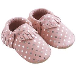 Chaussons bébé cuir souple à franges à pois - Rose - Taille 16-17 - Tichoups TICHOUPS.FR