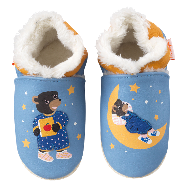 Chaussons bébé cuir souple Petit Ours Brun - Bleu - Taille 18-19 - Tichoups TICHOUPS.FR
