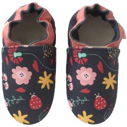 Chaussons bébé cuir souple Fanny les fleurs - Bleu - Taille 18-19 - Tichoups TICHOUPS.FR