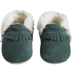 Chaussons bébé cuir souple à franges fourrés Frangin - Vert - Taille 23-24 - Tichoups TICHOUPS.FR