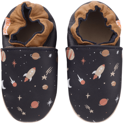Chaussons bébé cuir souple Maxence dans l'espace - Bleu marine - Taille 18-19 - Tichoups TICHOUPS.FR