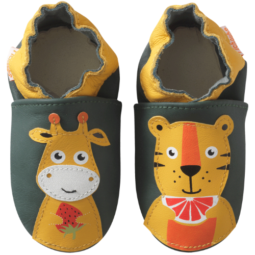 Chaussons bébé cuir souple Gabriel et Gustave prennent le goûter - Vert - Taille 18-19 - Tichoups TICHOUPS.FR