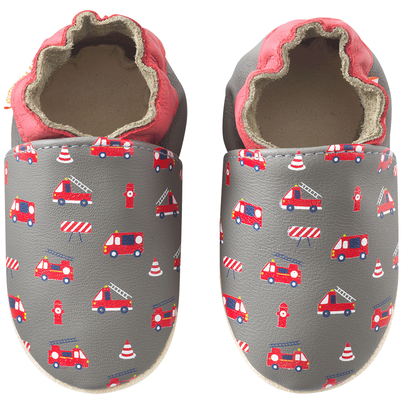 Chaussons bébé cuir souple Honoré les camions de pompiers - Gris - Taille 20-21 - Tichoups TICHOUPS.FR