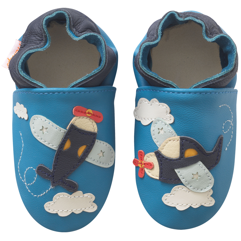 Chaussons bébé cuir souple Léon l'avion - Bleu - Taille 16-17 - Tichoups TICHOUPS.FR