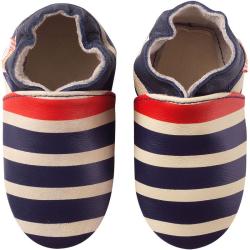 Chaussons bébé cuir souple Marcus rayé marine et rouge - Beige - Taille 16-17 - Tichoups TICHOUPS.FR