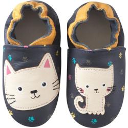 Chaussons bébé cuir souple Nina le chat - Bleu marine - Taille 16-17 - Tichoups TICHOUPS.FR