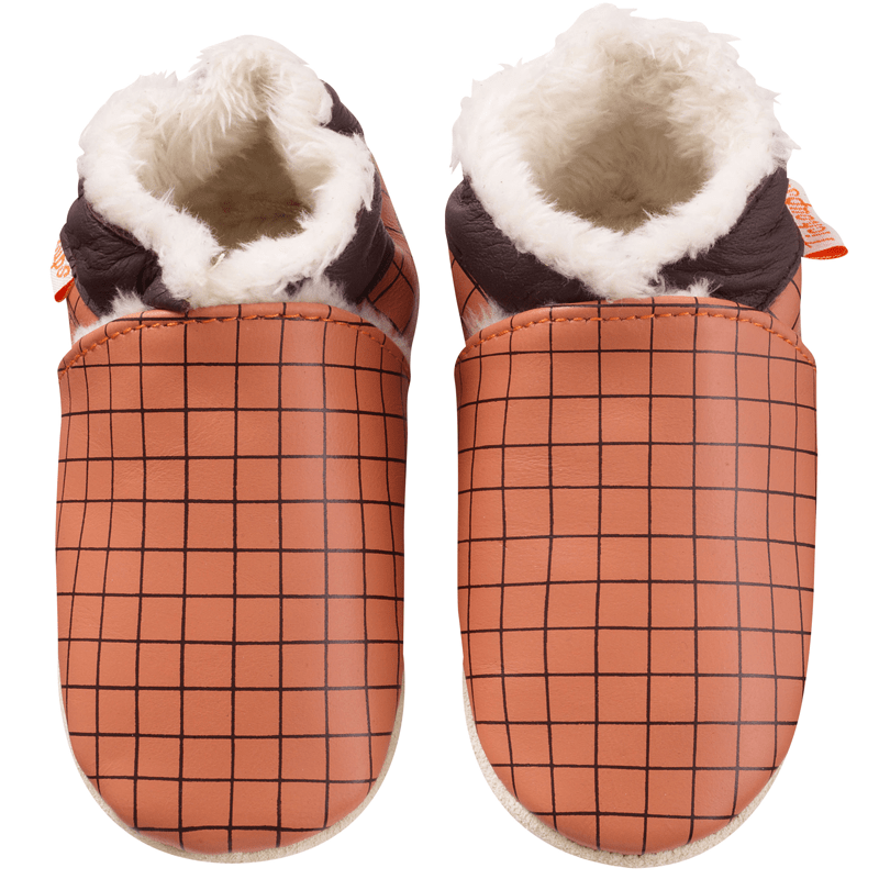 Chaussons bébé cuir souple fourrés Théo les carreaux - Orange - Taille 16-17 - Tichoups TICHOUPS.FR