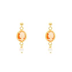 Boucles d'Oreilles Camée Orange en Or Jaune 375 ou 750 & Perles Blanches - Lucas Lucor