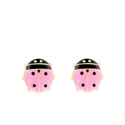 Boucles d'Oreilles Coccinelles Roses en Or Jaune - Bambins