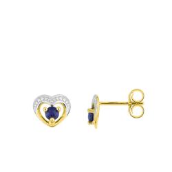 Boucles d'Oreilles Coeur en Or Jaune 375 & Rhodium et Saphir Bleu - Emanessence