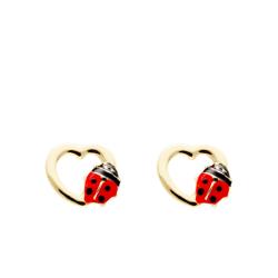 Boucles d'Oreilles Coeurs & Coccinelles en Or Jaune 750 - Bambins