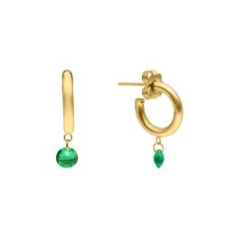 Boucles d'Oreilles Créoles en Or Jaune 375 & Cristaux Ronds Verts, Longueur 11,70 mm - Ocarat