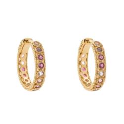 Boucles d'Oreilles Créoles en Plaqué Or Jaune & Pierres Synthétiques Violettes, Diamètre 18 mm - Naïades