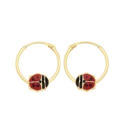 Boucles d'Oreilles Créoles Enfants Coccinelles Rouge en Or Jaune 375, Diamètre 12 mm - Bambins