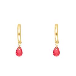 Boucles d'Oreilles Créoles Poires en Or Jaune 375 & Cristaux Roses, Diamètre 11,70 mm - Ocarat