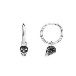 Boucles d'Oreilles Créoles Tête de Mort en Argent 925 & Oxydes de Zirconium Noirs, Diamère 14 mm - CR623-643-11 - Thomas Sabo