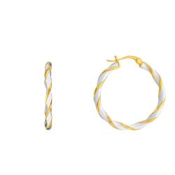 Boucles d'Oreilles Créoles Torsadées en Argent Doré à l'Or Fin & Émail Blanc, Diamètre 27 mm - Emanessence