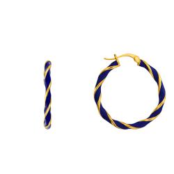 Boucles d'Oreilles Créoles Torsadées en Argent Doré à l'Or Fin & Émail Bleu, Diamètre 27 mm - Emanessence
