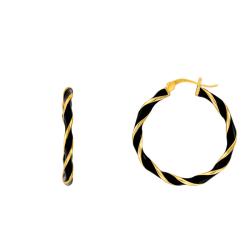 Boucles d'Oreilles Créoles Torsadées en Argent doré à l'or fin et Émail Noir, Diamètre 27 mm - Emanessence