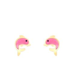 Boucles d'Oreilles Dauphin Rose en Or Jaune & Email - Bambins