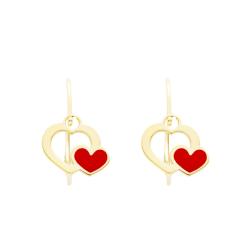Boucles d'Oreilles Dormeuses Double Cœur en Or Jaune 375 & Émail Rouge - Bambins