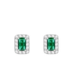 Boucles d'Oreilles en Or Blanc 375 & Halo de Oxydes de Zirconium et 2 Emeraudes - Emanessence