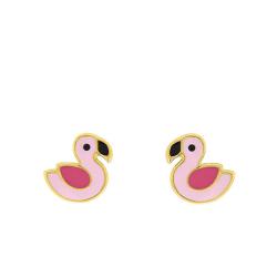 Boucles d'Oreilles Enfant Flamant Rose en Or Jaune 375 - Bambins