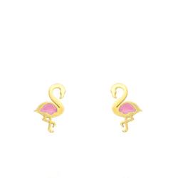 Boucles d'Oreilles Flamant en Or Jaune 750 & Email - Bambins