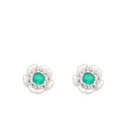 Boucles d'Oreilles Fleur en Or Jaune 375, Nacre & Oxydes de Zirconium Vert - Aurora