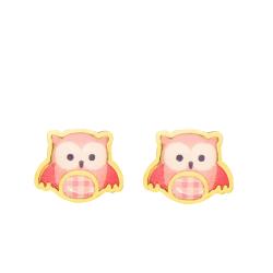 Boucles d'Oreilles Hibou Rose en Or Jaune - Bambins
