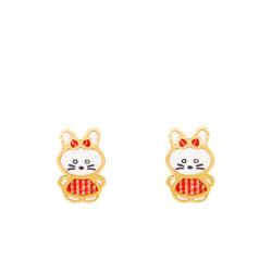 Boucles d'Oreilles Lapin Vichy Rouge en Or Jaune - Bambins