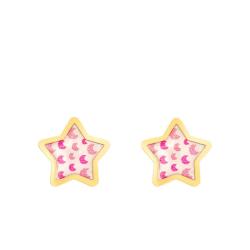 Boucles d'Oreilles Lunes Rose Etoiles en Or Jaune - Bambins