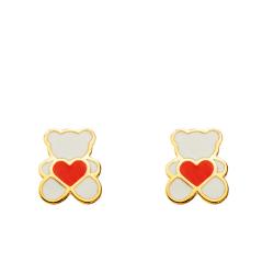 Boucles d'Oreilles Ours Blanc Coeur Rouge en Or Jaune 750 & Émaillés - Bambins