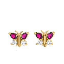 Boucles d'Oreilles Papillon en Or Jaune 375 et Oxydes et Rubis - Bambins
