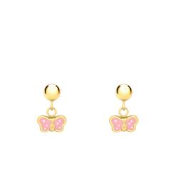 Boucles d'Oreilles Papillons en Or Jaune 375 & Émail Rose - Bambins