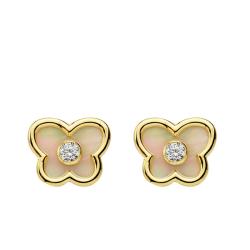 Boucles d'Oreilles Papillons en Or Jaune 750 & Pierres Blanches et Nacres - Bambins