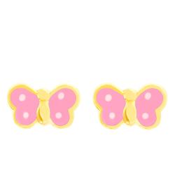 Boucles d'Oreilles Papillons Rose en Or Jaune & Email - Bambins