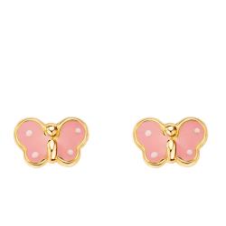 Boucles d'Oreilles Papillons Roses en Or Jaune 750 & Émaillés - Bambins