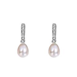 Boucles d'Oreilles Pendantes en Or Blanc 750 & Diamants et Perles de Culture - Emanessence
