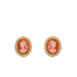 Boucles d'Oreilles Puces Camée Orange en Plaqué Or Jaune - Emanessence