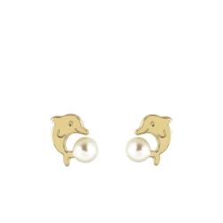 Boucles d'Oreilles Puces Dauphin en Or Jaune 750 & Perle de Culture - Bambins