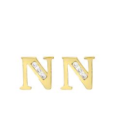 Boucles d'Oreilles Puces Lettre N en Or Jaune 375 & Oxyde de Zirconium - Emanessence