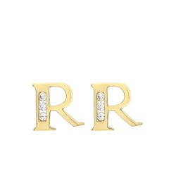 Boucles d'Oreilles Puces Lettre R en Or Jaune 375 & Oxyde de Zirconium - Emanessence