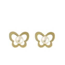 Boucles d'Oreilles Puces Papillon en Or Jaune 750 & Perle de Culture - Bambins