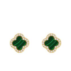 Boucles d'Oreilles Trèfle en Argent 925 Doré & Oxydes de Zirconium Blancs et Malachite - Aurora