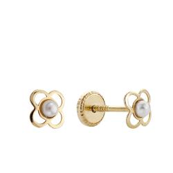 Boucles d'Oreilles Trèfles en Or Jaune 750 & Perles Blanches - Emanessence